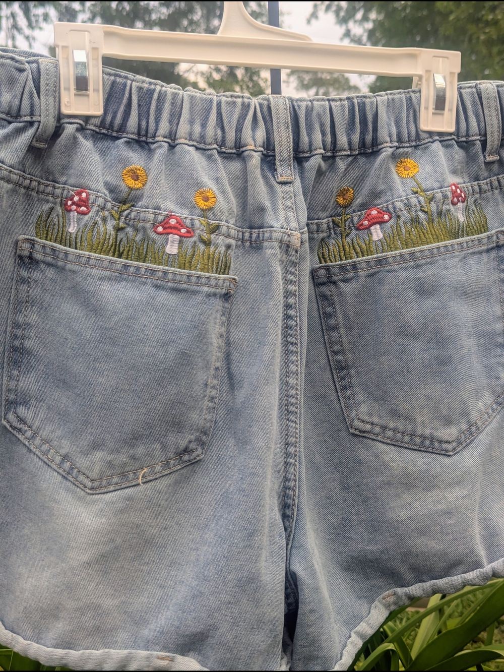 ROMWE Light Blue Denim Jean Shorts with Embroidered Mushrooms & Flowers